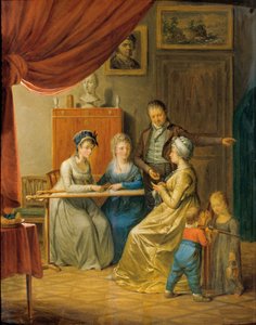 Familie mit zwei Frauen am Stickrahmen