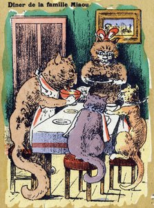 Familienessen miauen. Illustriertes Alphabet. Bildereien vereint in Jarville-Nancy, Anfang des 20. Jahrhunderts. Dim: 40 x 29 cm. Lithographie auf bistre Hintergrund