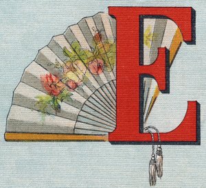 Fächer. Gravur in "Alphabet de ma petite fille". Bernardin-Bechet und Fils, Buchhändler-Verleger, Paris, um 1895. Unzerbrechliches Album auf Leinwand. Bibliotheque des Bebes. 12 Seiten. Album mit einer Lesemethode und einem illustrierten Abecedarium. von Unbekannt