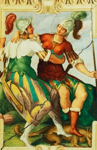 Frauenfiguren mit Helmen, (Detail) aus Fresko in Schloss Manta, Saluzzo, Piemont, Italien
