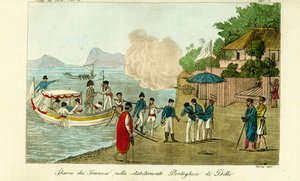 Erste Ankunft in der portugiesischen Siedlung in Dille, Timor, heute Dili, Osttimor von Unbekannt