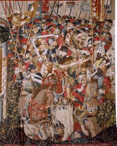 Flämischer Wandteppich. Serie Der Trojanische Krieg. Tod des Achilles. Achter Wandteppich der Serie. Modell Coëtivy Meister (Henry oder Conrard de Vulcop). Herstellung Tournai Werkstätten. Ca 1470. Stoff Wolle und Seide, 6/7 Kettfäden pro cm. Größe 482 x 9