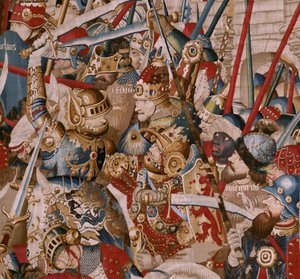 Flämischer Wandteppich. Serie Der Trojanische Krieg. Achills Zelt (La Tienda de Aquiles). Sechster Wandteppich der Serie. Modell Coëtivy Meister (Henry oder Conrard de Vulcop). Herstellung Tournai Werkstätten. Ca. 1470. Stoff Wolle und Seide, 6/7 Ketten pr