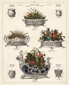 Blumenständer, Blumenschalen, Vasen und Jardinièren. Lithographie aus einem Katalog von Metallwaren der Württembergischen Metallwarenfabrik, Geislingen, Deutschland von Unbekannter Künstler