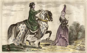 Französischer König Karl IV. (1322) und Jeanne de Flandre (1295-1374), Gräfin von Montfort (1340), Gravur von Rebel von Unbekannt