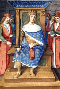 Der französische König Ludwig IX. (Heiliger Ludwig, 1214-1270, König von 1226 bis 1270) auf seinem Thron, französische Illumination von Unbekannter Künstler