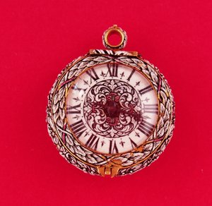 Französische Taschenuhr mit goldener Hülle, emailliert mit weißen Blumen und Laub mit schwarzen Markierungen, von Goullons, ca. 1650