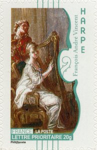 Französische Briefmarke mit einer Frau, die Harfe spielt, nach einem Gemälde des französischen Künstlers François-André Vincent