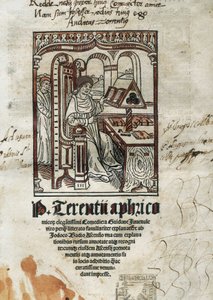 Frontispiz der Komödien des Komödiendichters Terenz (Publius Terentius Afer) (190-145 v. Chr.). Der Autor ist dargestellt. von Unbekannt