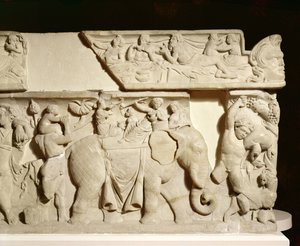 Triumphale Rückkehr des Dionysos (Detail eines Elefanten), Sarkophagrelief, griechisch, 2. Jahrhundert