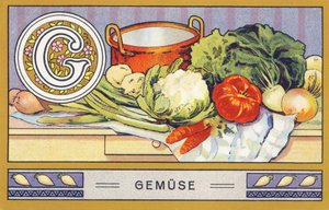 G: Gemüse - Alphabet Palmin. Serie von Chromolithographien herausgegeben von H. Schlinck & Cie, Hamburg. Werbung für Palmin feinstes Kokosfett.
