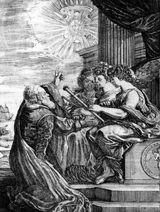 Galileo präsentiert seine Teleskope den Musen und weist auf ein heliozentrisches System des Universums hin