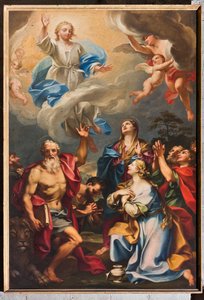 Genua, Duomo (St. Laurentius-Kathedrale), innen, südliches Seitenschiff, südliche Wand: "Die Himmelfahrt mit Hl. Hieronymus, der Magdalena und Heiligen" (um 1694)