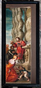 Genua, Duomo (St. Laurentius-Kathedrale), innen, linkes Seitenschiff, Originaltüren der Orgel des südlichen Querschiffs: "Hl. Laurentius tauft Hl. Romanus" (1634-6), von Andrea Ansaldo von Unbekannter Künstler