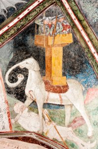 Gotisches Fresko; Eleazar Awaran tötet den Kriegselefanten Soliman und wird von ihm zerquetscht; 3. Kreuzgang; Kathedrale; Brixen; Südtirol; Italien; Europa