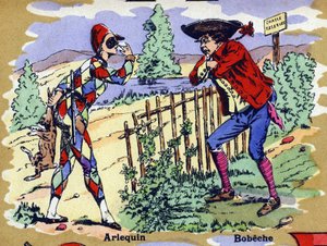 Harlekin und Bobeche. Illustriertes Alphabet. Bilder vereint in Jarville-Nancy, Anfang des 20. Jahrhunderts. Dim: 40 x 29 cm. Lithografie auf bistre Hintergrund