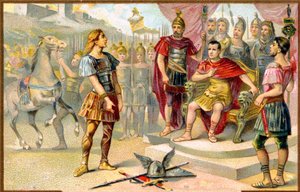 Geschichte. Altes Rom. Vercingetorix (Häuptling eines gallischen Stammes: die Averni) ergibt sich Julius Caesar in Alesia, 52 v. Chr. Bild, Frankreich, ca. 1900.