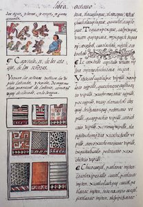 Huipil, weibliches Kleidungsstück, das von der Adelsklasse getragen wird, mit bestickten Blusen, Buch VIII des Florentiner Kodex, Allgemeine Geschichte der Dinge von Neuspanien, von dem spanischen Missionar Fray Bernardino de Sahagun. Aztekische Zivilisati