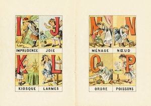 I: Unvorsichtigkeit; J: Freude; K: Kiosk; L: Tränen; M N O P: Haushalt, Knoten, Ordnung, Fische - Gravur aus ABCD der kleinen Mädchen. Pellerin & Cie, Drucker-Verleger, Epinal, um 1890. Serie A. Maße: 19 x 13,5 cm. von Unbekannt