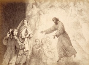 Im Mars-Sphäre trifft Dante den Geist seines Vorfahren Cacciaguida. Illustration von Canto XV in Paradiso der Göttlichen Komödie von Dante Alighieri. Werk von Francesco Scaramuzza, gewidmet der Gemeinde Florenz.