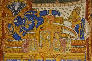 Indien, Tamil Nadu, Srirangam, Sri Ranganathasvami Hindu-Tempel (ursprünglich 10. Jahrhundert), Wandgemälde von Vishnu