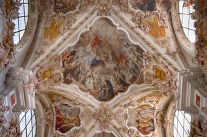 Innenaufnahme von Deckenfresken, Deckenmalerei, Klosterbasilika, Klosterkirche, Augustiner-Chorherrenstift, Kloster Neustift, Vahrn bei Brixen, Südtirol, Italien von Unbekannter Künstler