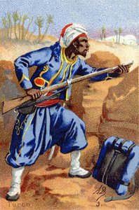 J: Turco. Gravur in "Militäralphabet". Initialen des Illustrators: A. D. Unbekannter Herausgeber. Chromolithographien Ende des 19. Jahrhunderts. Dim: 10,5x7cm von Unbekannt
