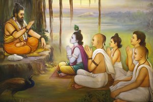 Jalaram Prathna hinduistischer Tempel, Leicester. Fresko. Krishna und Anhänger hören Balarama zu. Vereinigtes Königreich