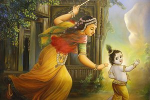 Jalaram Prathna hinduistischer Tempel, Leicester. Fresko. Yashoda und Krishna. Vereinigtes Königreich