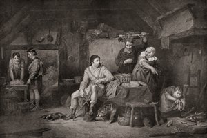 König Alfred in der Hütte des Hirten. Alfred der Große, ca. 848–899. König von Wessex. Die Legende erzählt, wie Alfred, als er in die Somerset Levels floh, von einer Bäuerin Unterschlupf erhielt, die, ohne seine Identität zu kennen, ihn bat, einige Kuchen 