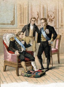 König von Frankreich Ludwig XVIII. (1755-1824) sehr krank, sagt zu Joseph de Villele im August 1824: „Der König darf sterben, aber nicht krank sein“. 19. Jahrhundert (Chromolithographie)