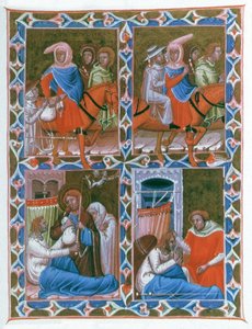 Ritter von Lyon nach Compostela, nimmt eine alte Frau und einen kranken Mann mit. Christus und dann St. Jacques erscheinen dem sterbenden Ritter