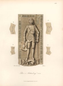 Ritter in Rüstung des 15. Jahrhunderts, mit Details der Bindungen an Knien und Ellbogen - Grabstein von Peter von Stettenberg, gestorben 1441 - Chromolithographie, Zeichnung von Jakob Heinrich von Hefner-Alteneck (1811-1903), für sein Buch "Costumes, craft