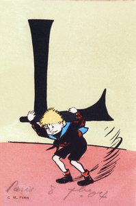 L wie lourd - Kinderalphabet. C. M. Verleger, Paris. Handbemalte Postkarten, abgestempelt 1904