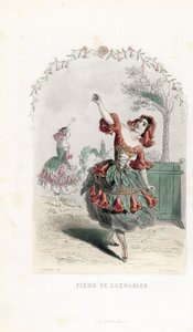 Die Granatapfelblütenfee tanzt - Radierung von Charles Geoffroy nach einer Illustration von Jean Ignace Isidore Gerard dit J.J.Granville für Les fleurs animées von Unbekannter Künstler