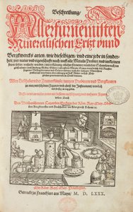 Labor für Erzanalysen, mit Ofen, Instrumenten und Werkzeugen - Titelseite von Beschreibung der Erze und der wichtigsten Methoden des Bergbaus von Lazarus Ecker - Alchemie & Frühchemie Titelseite eines Buches über Metallurgie