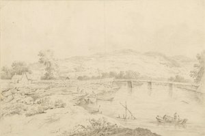 Landschaft am Fluss, mit Brücken und Booten