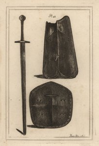 Große Brustplatte oder Kürass, Schild in der Mitte durchbohrt und zweihändiges Schwert, das alles dem Grafen von Warwick gehörte