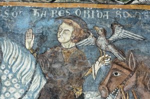 Legende der Gründung der Abtei von Vezzolano: König Karl der Große (Karl I. der Große) (742-814) jagte Falken. Es soll der Ursprung des Baus der Abtei gewesen sein. Fresko des Kreuzgangs der Abtei von Vezzolano. Piemont, Italien von Unbekannt