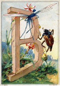 Buchstabe B wie Bilboquet. Künstlerisches Alphabet von Herrn Marinier. Herausgegeben von Henry Sicard, Ende des 19. Jahrhunderts. Werbechromolithographien für in Apotheken verkaufte Produkte. Dim: 12,5 x 9 cm von Unbekannt