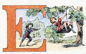 Buchstabe E: Schaukel. Alphabet von Phosphatine Falieres. Gravur. Brevete Alphabet S.G.D.G. von Apotheker Pierre Emile Falieres. Illustrationen in Chromolithografie, Ende des 19. Jahrhunderts. von Unbekannt