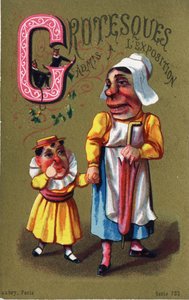 Buchstabe G: Grotesken zur Ausstellung zugelassen. Gravur in "Alphabet des grotesques". Serie von 25 Werbe-Chromolithographien auf goldenem Hintergrund, Ende des 19. Jahrhunderts.