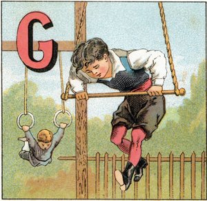 Buchstabe G für Gymnastik. Gravur im "Alphabet der kleinen Schüler" von Unbekannt