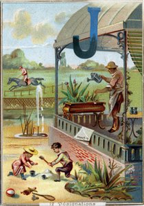 Buchstabe J: Garten; Spiel; Spielzeug; Jockey; Gärtner; Fernglas; Strahl; Zeitung. Alphabet. In jedem Bild gibt es eine Reihe von berühmten Wörtern, deren Darstellungen inszeniert sind. Chromolithographien der Pariser Lithographie, um 1890. Dim: 10,7x7,5cm von Unbekannt