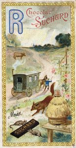 Buchstabe R: Strahlen, Wiederkäuer, Anhänger, Bienenstock, Fuchs, Ratten, Rose. Gravur des Alphabets herausgegeben von Chocolat Suchard, Anfang des 20. Jahrhunderts. 24 Chromolithografien.