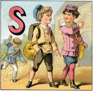 Buchstabe S wie Schulabschluss. Gravur in „Alphabet des petits écoliers“. Bild von Epinal, um 1885. Private Sammlung von Unbekannt