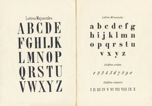 Großbuchstaben, Kleinbuchstaben, arabische und römische Ziffern - Gravur aus ABCD der kleinen Mädchen. Pellerin & Cie, Drucker-Verleger, Epinal, um 1890. Serie A. Maße: 19 x 13,5 cm.