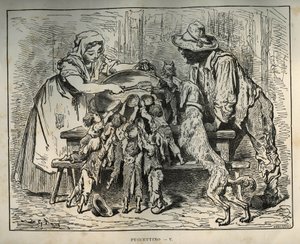 Kleiner Poulet und seine hungrigen Brüder. Gravur von Gustave Doré (1832-1883) aus „Les contes“ von Charles Perrault (1628-1703)