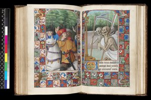 MS 92 f.132v-133r, Totenoffizium, Matutin, Die drei Lebenden und die drei Toten, aus einem Stundenbuch, Westfrankreich, Gebrauch von Rom, 1490-1510