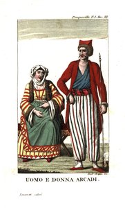 Mann und Frau aus Arkadien, Peloponnes, Griechenland. Illustration aus Francois Pouquevilles Reisen durch Morea, Albanien und mehrere andere Teile des Osmanischen Reiches von Unbekannter Künstler